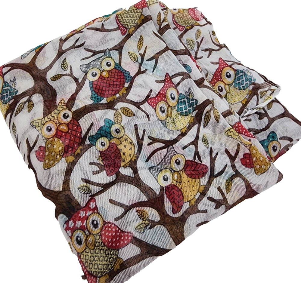 Owl Print Lightweight Scarf Semi Sheer 36x76 Brown Owls Tree Branches READ Flaws